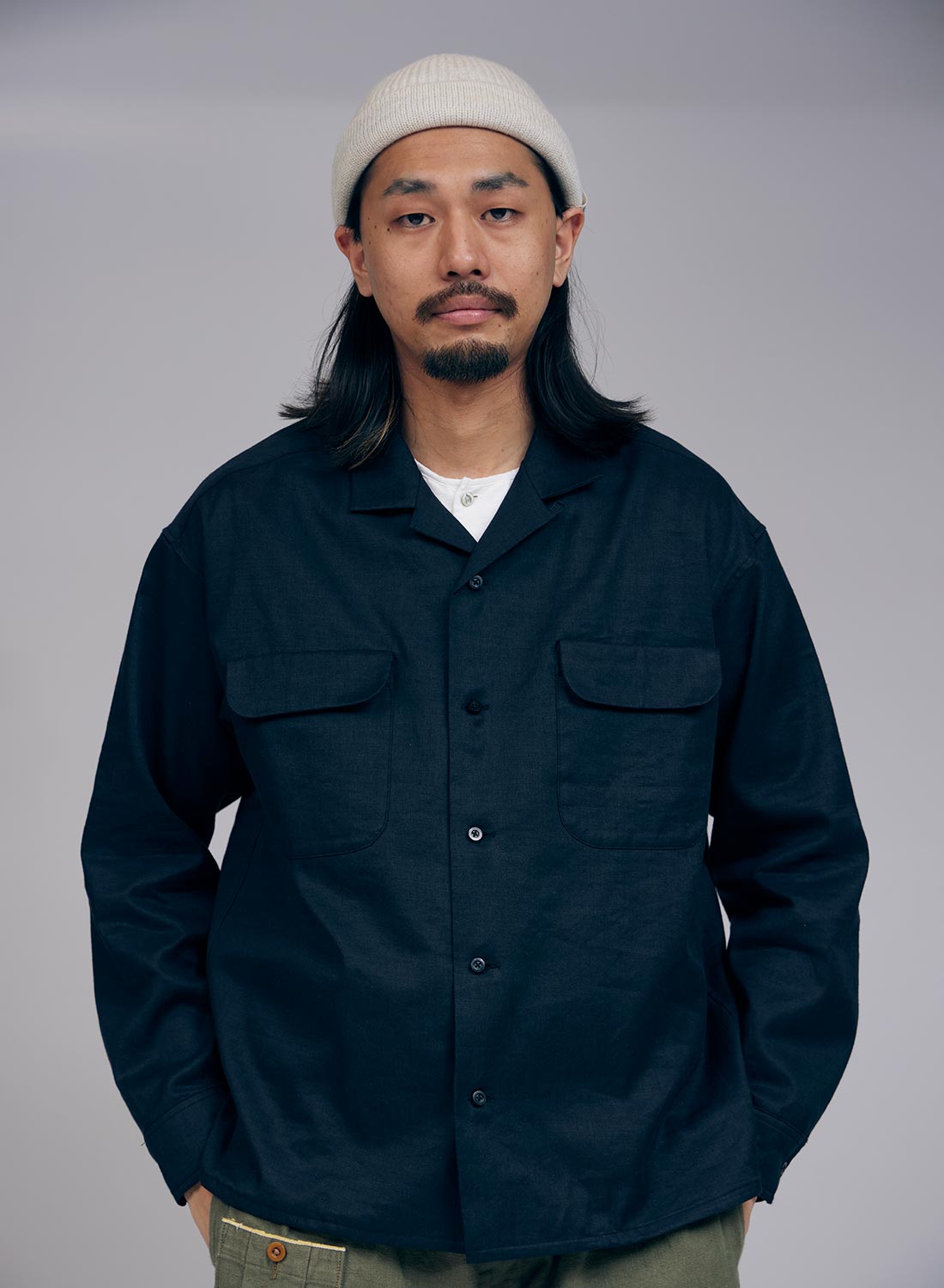 Open Collar Shirt Linen Fleece in Dark Navy – Nigel Cabourn