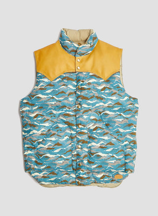 Rocky Mountain Featherbed x Nigel Cabourn Down Vest Mountain Camo in Blue