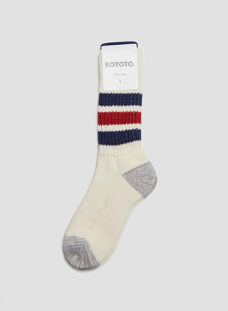 Rototo Coarse Ribbed Oldschool Crew Sock in Navy/Dark Red