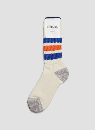 Rototo Coarse Ribbed Oldschool Crew Sock in Blue/Orange