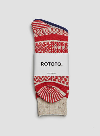 Rototo Multi Jacquard Crew Sock in Ivory/Red