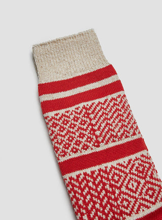 Rototo Multi Jacquard Crew Sock in Ivory/Red