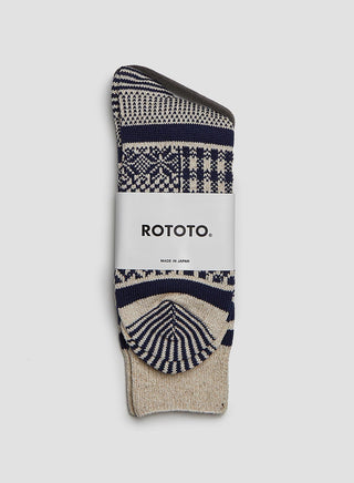 Rototo Multi Jacquard Crew Sock in Ivory/Navy