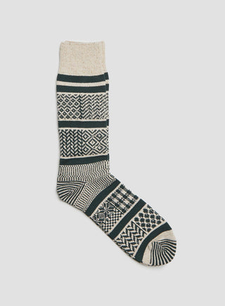 Rototo Multi Jacquard Crew Sock in Ivory/Dark Green