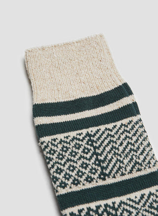 Rototo Multi Jacquard Crew Sock in Ivory/Dark Green